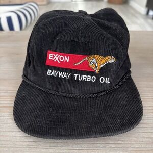 Vintage 80's EXXON Bayway Oil Corduroy Adjustable Hat Embroidered Black